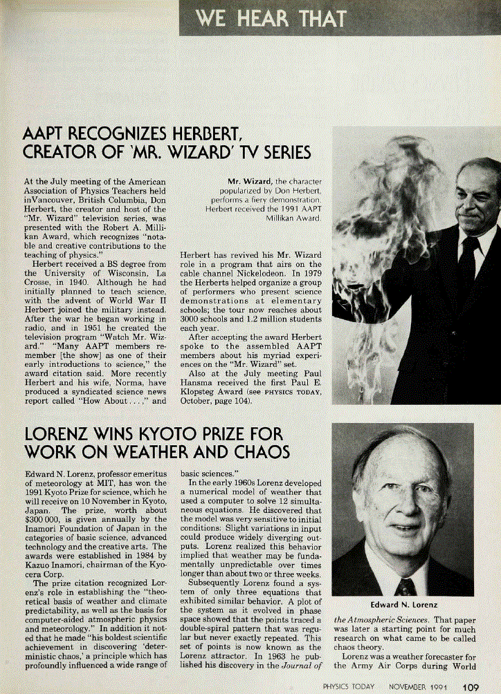 First page of Lorenz Wins Kyoto Prize for Work on Weather and Chaos