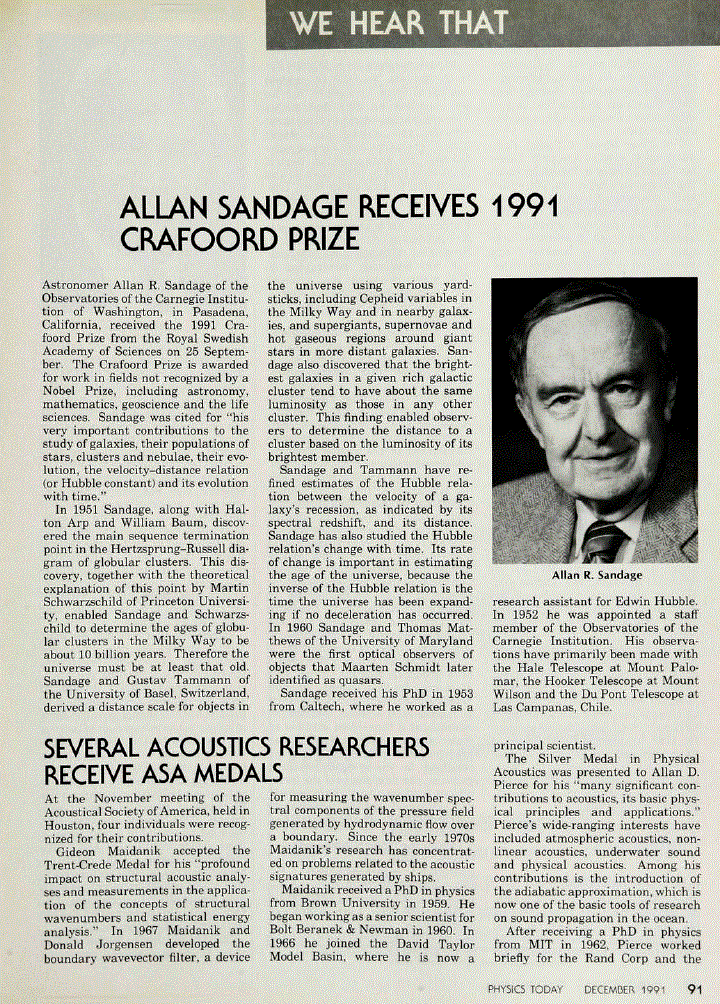 First page of Allan Sandage Receives 1991 Crafoord Prize
