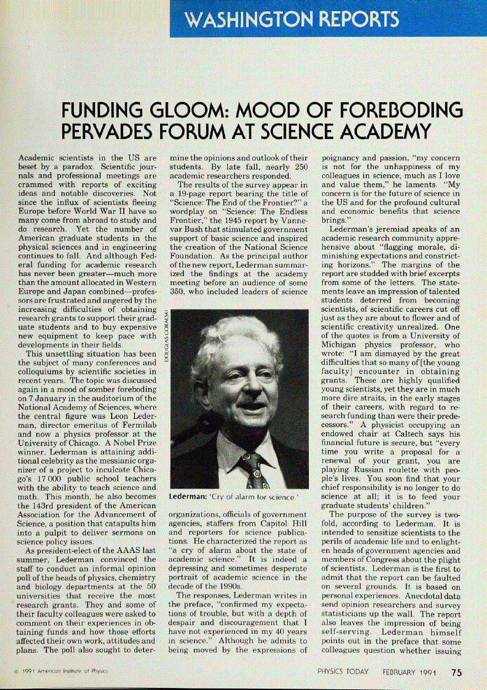 First page of Funding Gloom: Mood of Foreboding Pervades Forum at Science Academy