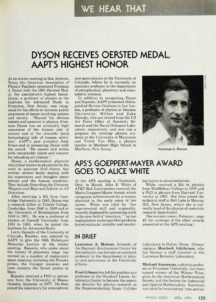 First page of APS's Goeppert‐Mayer Award Goes to Alice White