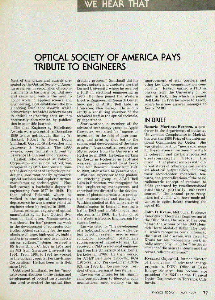 First page of Optical Society of America Pays Tribute to Engineers