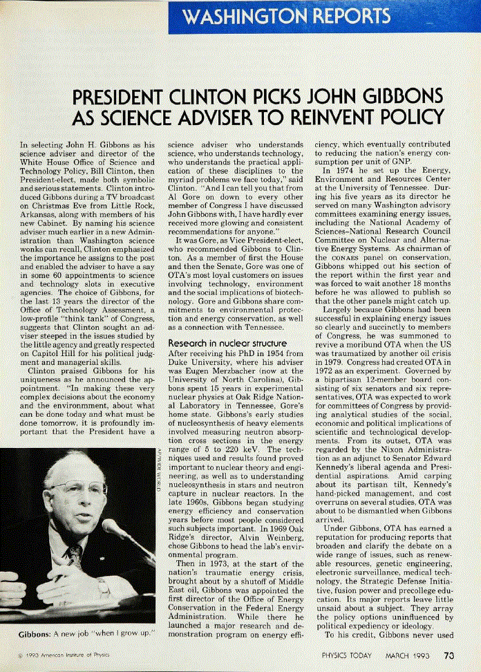 First page of President Clinton Picks John Gibbons as Science Adviser to Reinvent Policy