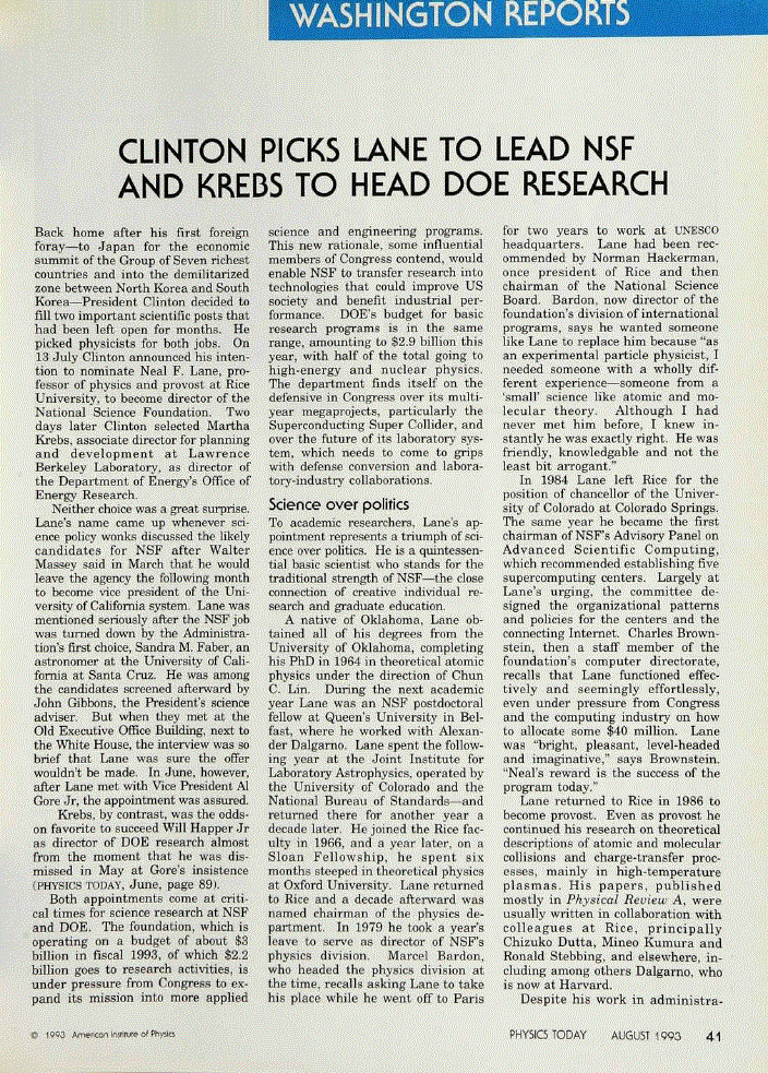 First page of Clinton Picks Lane to Lead NSF and Krebs to Head DOE Research