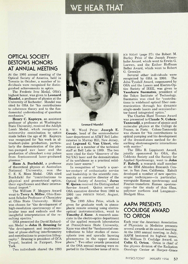 First page of Optical Society Bestows Honors at Annual Meeting