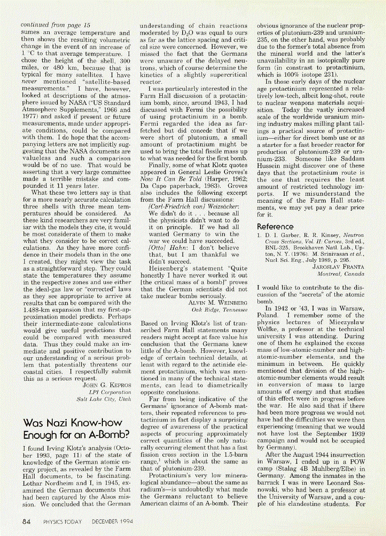 First page of Was Nazi Know‐how Enough for an A‐Bomb?
