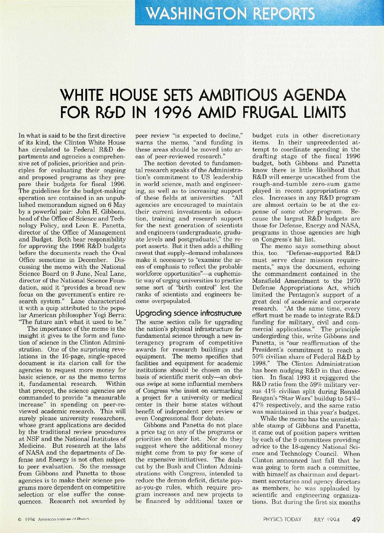 First page of White House Sets Ambitious Agenda for R&amp;D in 1996 Amid Frugal Limits