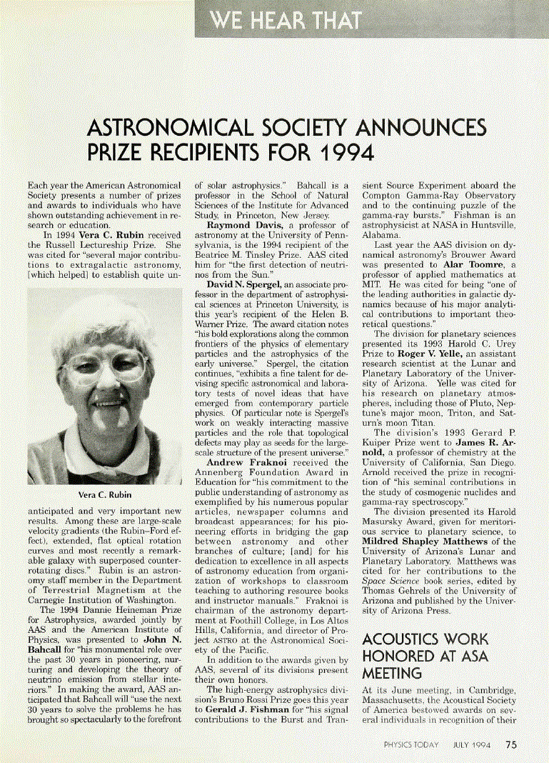 First page of Astronomical Society Announces Prize Recipients for 1994