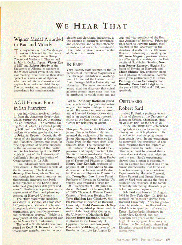 First page of Wigner Medal Awarded to Kac and Moody