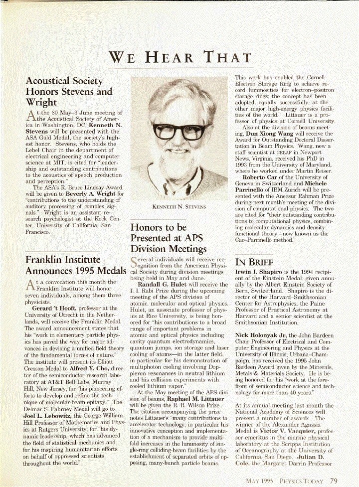 First page of Honors to Be Presented at APS Division Meetings