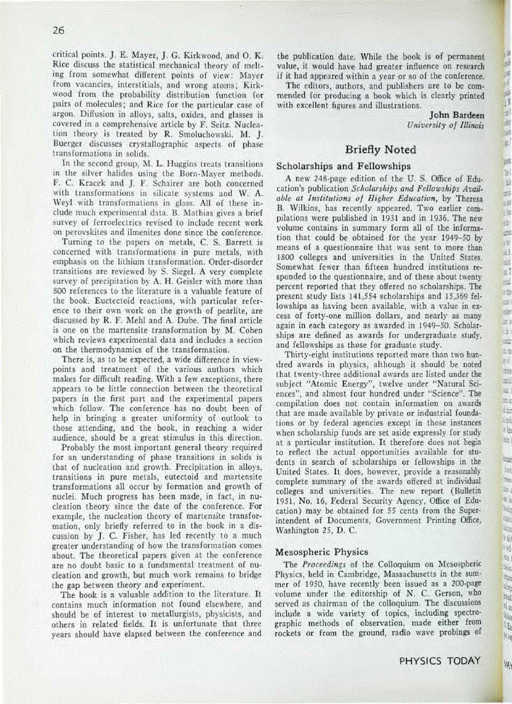 First page of <italic>Briefly Noted</italic><alt-title alt-title-type="deck">Scholarships and Fellowships; Proceedings of the Colloquium on Mesospheric Physics; Compendium of Meteorology; American Standard Acoustical Terminology, z24/1–1951.</alt-title>