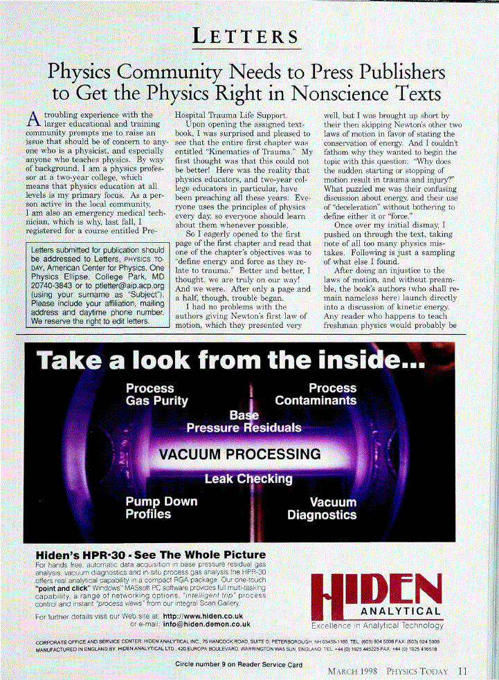 First page of Physics Community Needs to Press Publishers to Get the Physics Right in Nonscience Texts