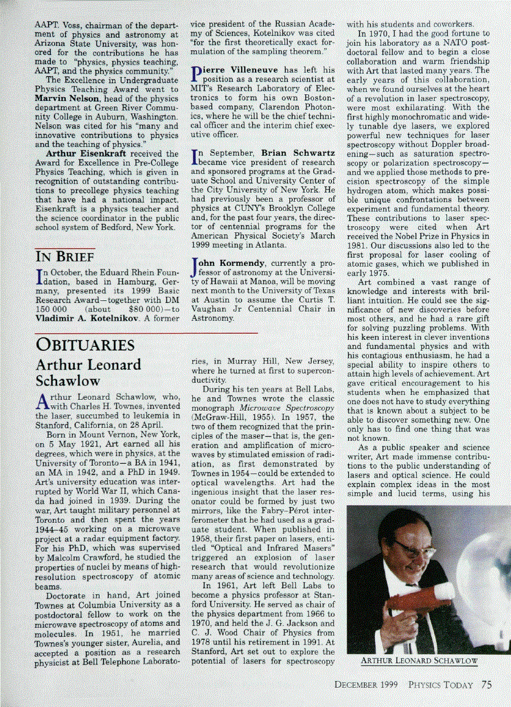 Arthur Leonard Schawlow Physics Today AIP Publishing