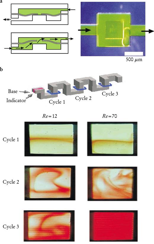  . Figure 3. Microfluidic components. (a) A passive check valve in a multilayer structure of polydimethylsiloxane (PDMS). The upper schematic shows the valve in the closed position: Pressure applied from the right presses the flexible diaphragm against a post, blocking flow through the hole in the center of the diaphragm. The lower schematic shows the valve in the open position: Pressure applied from the left lifts the diaphragm off the post and allows flow through the diaphragm hole. The image on the right shows flow of a fluorescent fluid through the valve. (b) The design of this chaotic advection mixer exploits the character of laminar flow in a three-dimensional serpentine channel to mix adjacent streams in a single flow. A solution of pH indicator runs adjacent to a stream of basic solution and reveals the progress of mixing. As the two solutions mix, the indicator becomes red. Mixing is efficient even at low Reynolds numbers: Although the flow is laminar, there are weak eddies in the corners. 7 