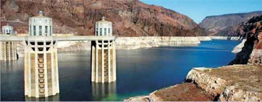  . Figure 1. Lake Mead’s water level has fallen dramatically in recent years, as seen by the exposure of formerly submerged white rock. Located in Nevada and Arizona, this reservoir on the Colorado River is currently only half full. 