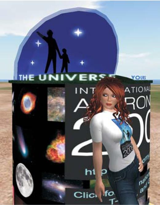  . Ourania Fizgig, the avatar of the University of Arizona’s Adrienne Gauthier, stands next to the 3D logo for the International Year of Astronomy, the commemorative year’s virtual-world presence. 