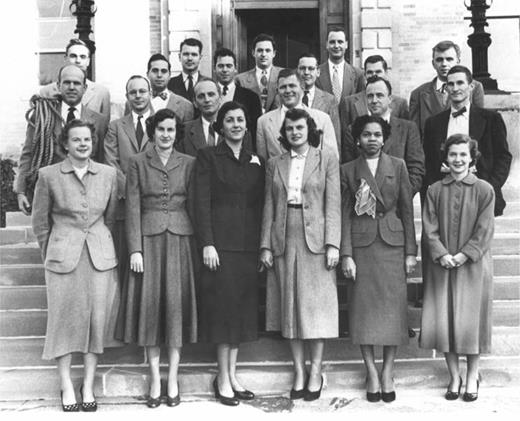  . Figure 4. The Project Matterhorn B team and support staff at Princeton University in 1952. The B team, headed by John Wheeler, devoted its efforts to thermonuclear weapons. Most of its scientists were in their twenties. Left to right, front row: Margaret Fellows, Peggy Murray, Dorothea Reiffel, Audrey Ojala, Christine Shack, Roberta Casey. Second row: Walter Aron (with climbing rope apropos of the project’s name), William Glendenin, Solomon Bochner, John Toll, Wheeler, Kenneth Ford. Third and fourth rows: David Layzer, Lawrence Wilets, David Carter, Edward Frieman, Jay Berger, John McIntosh, Ralph Pennington, unidentified, Robert Goerss. 