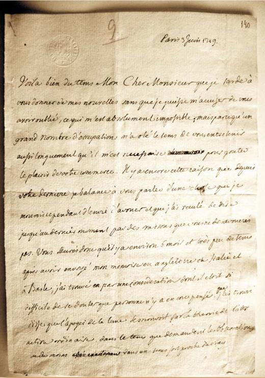  . Figure 5. In a June 1749 letter written to his friend, mathematician Gabriel Cramer, Alexis Clairaut describes how he has reconciled the motion of the Moon’s apsides with Newton’s law of gravitational attraction. 