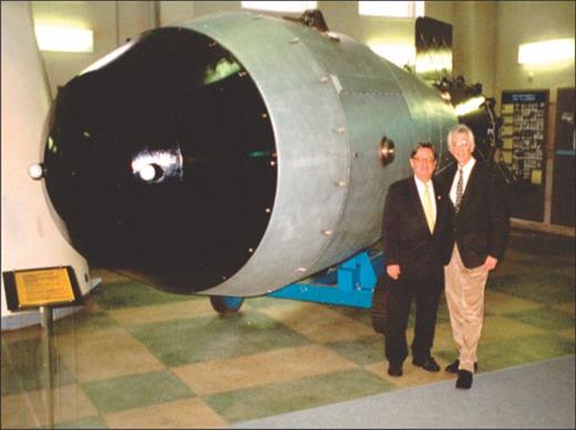 Figure 2. Yuri Trutnev of the RFNC-VNIIEF with me at the Russian Atomic Weapon Museum, in Sarov, next to the 100-megaton “Tsar Bomba” he co-designed with Andrei Sakharov. Over dinner that night at his house, I asked him to resolve an argument I had with one of my Los Alamos colleagues: When the bomb was detonated at half the design yield on 30 October 1961, did it produce 50 or 57 megatons? Yuri simply stated, “At that level it doesn’t matter.” He went on to explain that the bomb had no military utility and wasn’t particularly challenging; the most challenging designs were the small, peaceful nuclear devices that had to be particularly clean in terms of radioactive contamination.