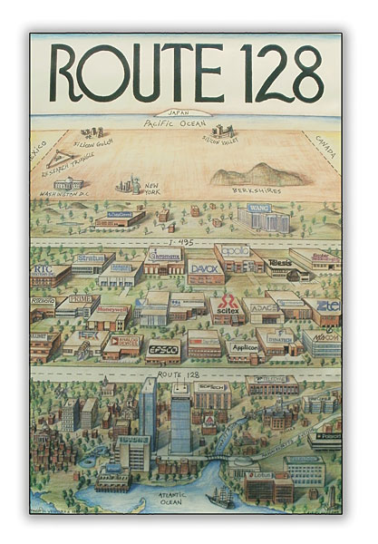 . Route 128, near Boston, passes through a famously dense concentration of startup companies. (Poster by Kirby Scudder, 1987; used by permission.)