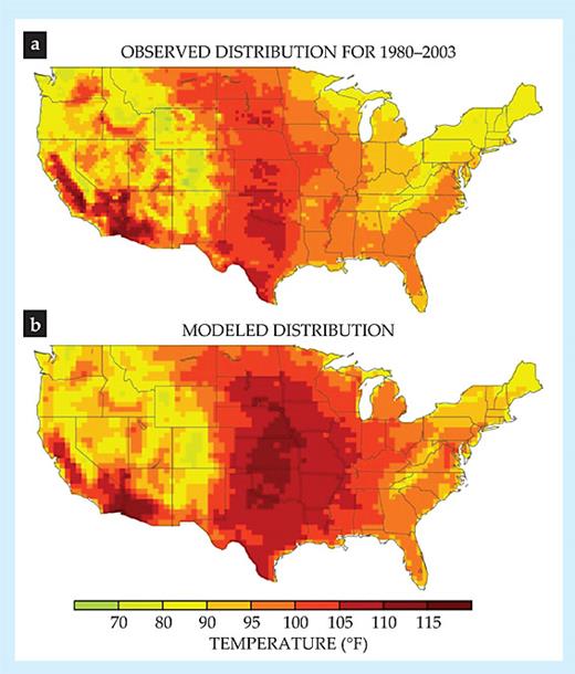 . Figure 3. Climate models are increasingly able to capture region-scale features. The observed temperature distributions (a) during US heat waves, averaged over the span 1980–2003, are qualitatively similar to those (b) predicted by model simulations run with 50-km grid spacing at the National Oceanic and Atmospheric Administration’s Geophysical Fluid Dynamics Laboratory. (Adapted from ref. 14.)