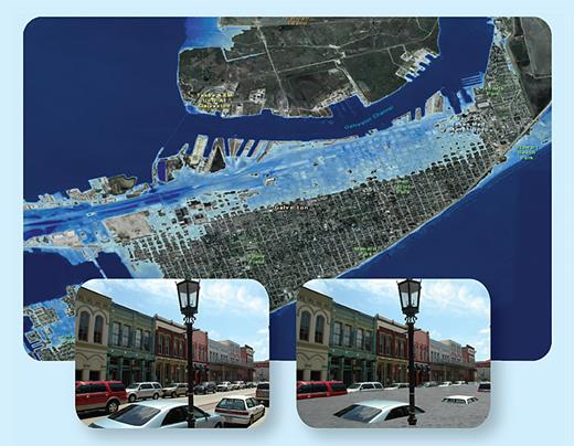 . Figure 5. Visualizations from the Digital Coast Sea Level Rise and Coastal Flooding Impacts Viewer depict Galveston, Texas, after a 6-ft rise in sea level. The bottom images show downtown Galveston as it currently appears, and as it would appear after the sea-level rise. The viewer allows users to see the potential physical, ecological, and socioeconomic impacts of sea-level rise in order to inform the planning efforts of community officials and coastal managers.