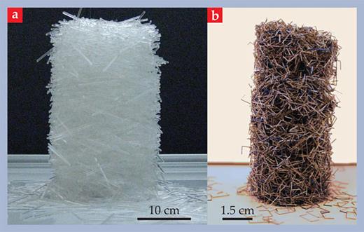 Figure 1. Tall piles of (a) long, thin rods and (b) staples maintain the shape of the container in which they were initially formed and manifest sharp edges not seen with granular sand.