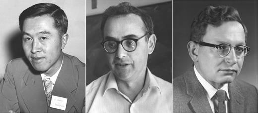 Figure 1. Yoichiro Nambu, Jeffrey Goldstone, and Philip Anderson penned important early chapters in the story of the Higgs boson. Beginning in 1960, particle physicists Nambu (left) and Goldstone (center) adapted ideas from condensed-matter physics to explore the relationship of symmetry breaking to the generation of massive particles. Two years later, condensed-matter physicist Anderson (right) argued that two types of troubling massless particles—Goldstone bosons and gauge bosons—could together yield a massive particle. (Nambu photo courtesy of the AIP Emilio Segrè Visual Archives, Marshak Collection. Goldstone and Anderson photos courtesy of the AIP Emilio Segrè Visual Archives, Physics Today Collection.)