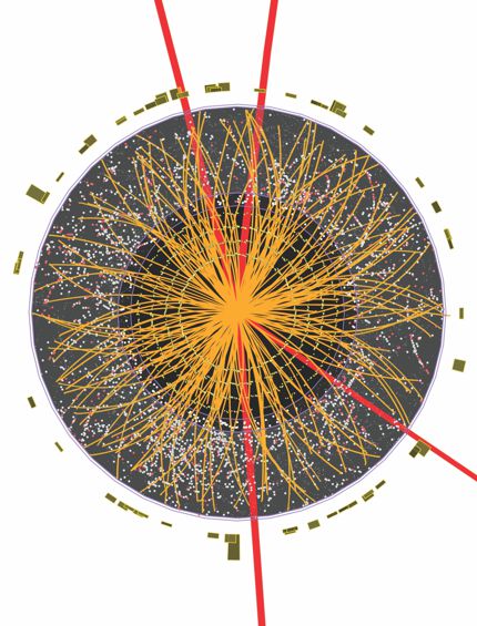 This candidate event for Higgs decay into four muons was observed by the ATLAS detector in June 2012. (Courtesy of the ATLAS collaboration.)