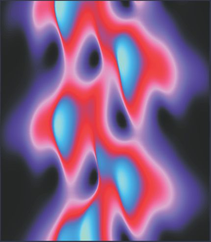 Figure 2. A streak image of a simulated ultrafast pump–probe experiment that explored how the kinetic energy (displayed in false color on the horizontal axis) of UV-induced Auger electrons changed with the delay (vertical axis) between attosecond pump pulses and femtosecond probe pulses. Color represents electron intensity. This image, which appeared on Physics Today’s April 2003 cover, and others like it embody temporal information about the attosecond decay of an atomic vacancy. (Courtesy of Ferenc Krausz, Max Planck Institute of Quantum Optics.)