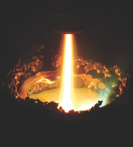. The plasma torch in the Retech plasma furnace is one tool used in the materials preparation center at the Ames Laboratory to create ultrapure metal alloy samples, particularly of rare-earth metals.