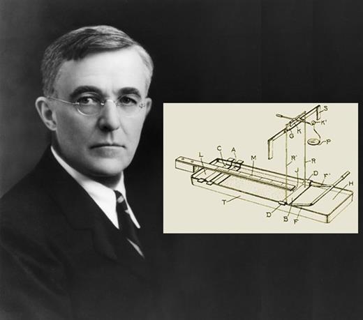 Figure 3. Irving Langmuir (1881–1957) in 1932. The first industrial chemist to become a Nobel laureate, Langmuir focused his early work on light bulbs—specifically, hydrogen dissociation on tungsten filaments. He also measured the surface tensions and surface pressures of numerous organic oils on water and in 1917 formulated a general theory of adsorbed films.5 Using an updated version of a Pockels trough, shown in the inset and adapted from that seminal paper, he measured the pressure on a paraffin-dipped strip of paper B floating in an enamel tray filled with water. In the experiment, oil is added between strips A and B. As A is moved toward B, the oil film exerts a force on B, which tips a balance beam K having a counterweight on one side and a hanging pan P on the other.