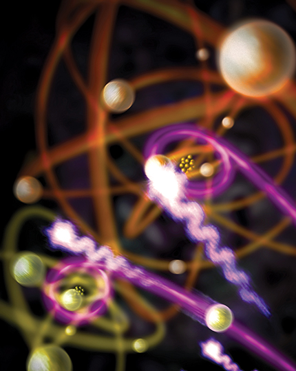 An x-ray free-electron laser pulse is so intense it can knock out a core electron from each of two neighboring atoms in a molecule and momentarily create a molecule with hollow atomic cores. (Courtesy of SLAC.)