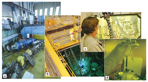 Figure 3. Superheavy elements require heavyweight facilities. (a) The heavy-ion cyclotron U 400 at the Joint Institute for Nuclear Research in Russia is among the few accelerators in the world capable of providing intense beams of calcium-48 projectiles for research on superheavy nuclei. (Courtesy of the Joint Institute for Nuclear Research.) (b) Radioactive actinide target materials are made at the High Flux Isotope Reactor at Oak Ridge National Laboratory in the US. (c) At the Radiochemical Engineering Development Center next door to the reactor, the actinides are chemically separated from irradiated pellets inside heavily shielded hot cells. Program associate Karen Murphy is shown at a hot-cell window, working with manipulators inside. (d) Shown here is 22 mg of highly purified berkelium-249, the target material used for the discovery of element 117. (Courtesy of Oak Ridge National Laboratory.)