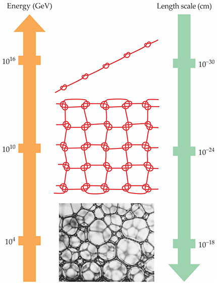 . Figure 1. Spatial-dimension change. At higher energies and thus smaller distance scales, the number of space dimensions systematically decreases, a behavior that parallels the unification of fundamental forces with increasing energy. At the electroweak scale of 200 GeV, space begins to manifest effects of dimension change, but already at 104 GeV, it has a foam-like structure. At higher energies, knots are evident in space’s net-like structure. At the still higher grand unification scale of 1016 GeV, when all fundamental forces except gravity are unified, space is one dimensional. Cell-spacetime theory suggests that at the Planck scale of 1019 GeV, space becomes zero dimensional, but that notion has not yet succumbed to a satisfactory theoretical formulation. [Foam photograph courtesy of Douglas Durian.]