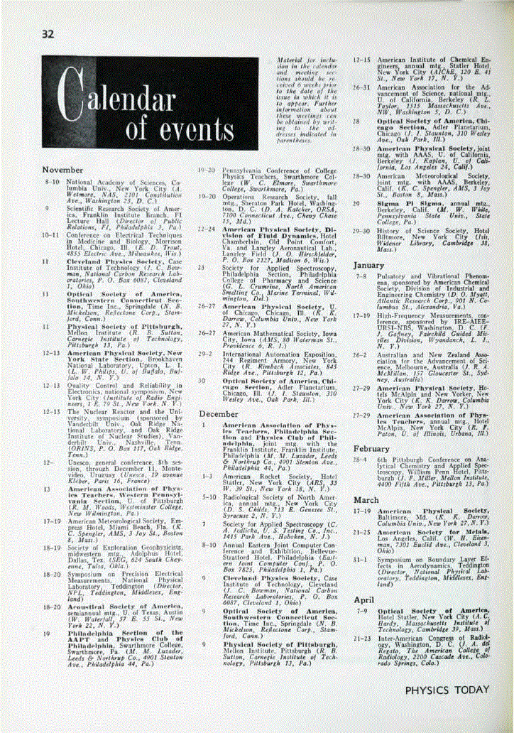 First page of Calendar of Events
