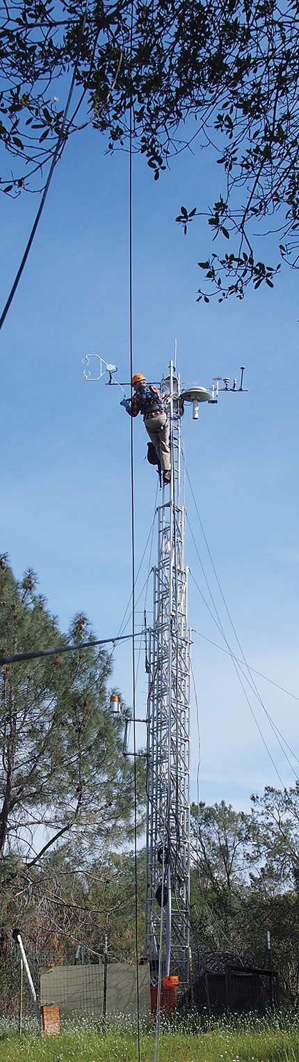 . Eddy flux towers—so named because they measure vertical turbulent fluxes—are installed at many critical-zone observatories to monitor the exchange of water and carbon dioxide between the ecosystem and atmosphere. This one is in the foothills of California’s Sierra Nevada and is part of the Southern Sierra Critical Zone Observatory.