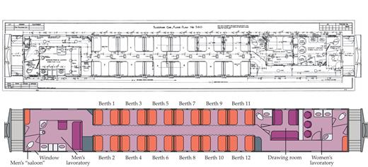 Figure 4. Schematic drawing of the Pullman car where John Wheeler spent the night on 6 January 1953. On top is the Pullman Company’s original diagram. (Image courtesy of Newberry Library, Chicago.) On bottom is the author’s rendering of the car.