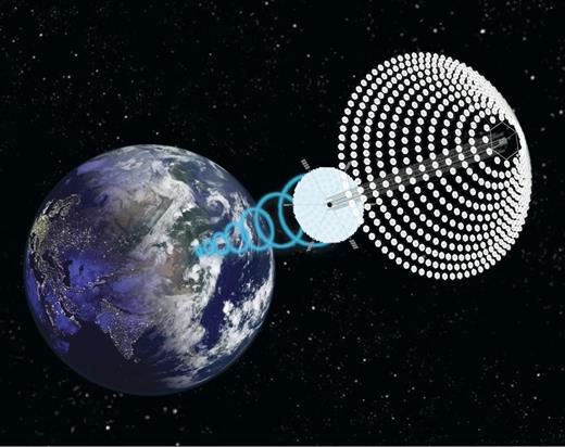 . A scheme to beam solar power entails collecting sunlight and beaming it to Earth. An array of mirrored heliostats (conical structure) collects the sunlight, and a photovoltaic array (disk) converts it into electricity, which is then converted into a coherent microwave beam and sent to receivers almost anywhere in view on Earth. The image depicts the SPS-ALPHA, or Solar Power Satellite by means of Arbitrarily Large Phased Array.