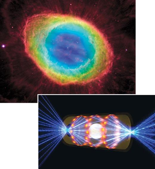 Figure 1. The pale dot at the center of the upper image is a white dwarf, the hot, dense ball of mostly carbon and oxygen left behind when a dying star sheds its outer layers. The National Ignition Facility re-creates white-dwarf conditions in the lab by using lasers (blue beams in the artist’s rendering in the lower image) to deliver hundreds of kilojoules of energy to a centimeter-long cavity (dull gold) containing a solid sample (white).