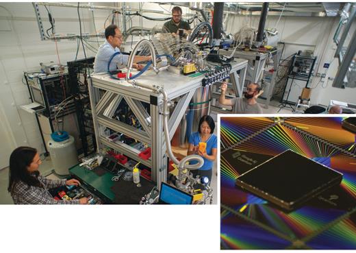 . Google demonstrated quantum supremacy in October 2019. Above, scientists and engineers at the company’s laboratory in Santa Barbara, California, maintain the dilution refrigerator housing the Sycamore chip (right) that performed the milestone calculation. The chip’s 53 superconducting qubits performed in minutes a calculation that would have taken much longer on a classical computer. (Images courtesy of Google AI Quantum.)