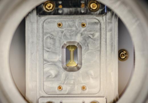 . Chains of ytterbium-171 ions are loaded into ion traps to serve as qubits at the Maryland-based startup company IonQ. The qubits are controlled with a laser tuned to the frequency difference between the ground state and an excited state of the ions. The thin strip at the center where the ions are trapped measures 1.2 mm by 4 mm.