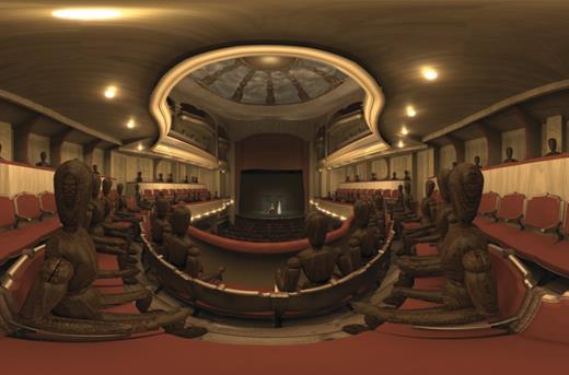 Figure 4. An equirectangular image taken from a simulation of a performance at the Théâtre de l’Athénée in Paris. An audience is represented visually by animated mannequins and aurally by audio samples of spatially distinct intermittent coughing, which provide a sense of an occupied theater. Such 360° images can be rendered in a head-mounted display or shown on an immersive projection screen. (Adapted from the ECHO project: http://www.lam.jussieu.fr/Projets/CloudTheatre; rendering by David Poirier-Quinot.)