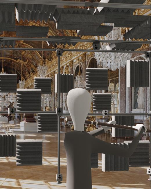 . Representation of a musician inside a virtual-reality room. As a real musician plays, he is transported to the Château de Versailles, whose great hall is shown in the background and whose acoustics are “reconstructed” in real time. One microphone captures the instrument’s sound while the musician’s position and orientation are tracked in space. The audio is rendered either over headphones or through an array of loudspeakers. (From the EVAA project; see http://evaa.pasthasears.eu; image by David Poirier-Quinot.)