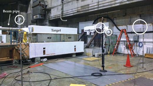 Figure 2. The experiment at SLAC. Electrons exit the beam pipe (far left) and enter the 4-m-long polyethylene target, surrounded by transmitter and receiver antennas (circled). Second from left is the transmitter; the others are receivers. (Adapted from ref. 5.)
