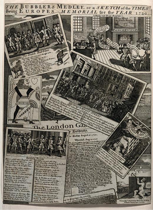 Figure 1. A satirical 1720 print about the chaos of financial bubbles, including the South Sea Bubble. (Image from the Wellcome Collection, CC BY 4.0.)