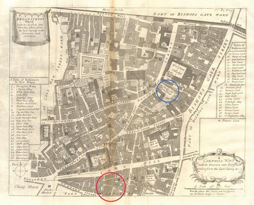Figure 3. A 1720 map of London’s Broad Street Ward. Exchange Alley (in the red circle) was the share-trading center of London in 1720. The South Sea House (in the blue circle) was the headquarters of the South Sea Company. (Image from Antiqua Print Gallery/Alamy Stock Photo.)