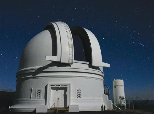 Figure 3. The Zwicky Transient Facility is located at the Palomar Observatory’s 48-inch Samuel Oschin Telescope. The facility’s twilight observing program is responsible for finding the three near-Earth asteroids with the shortest orbital periods known to date. (Image courtesy of Palomar/Caltech.) 