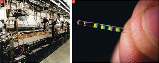 Figure 1. The size contrast between conventional accelerator facilities and chip-based accelerators is dramatic. (a) The Next Linear Collider Test Accelerator facility at SLAC was used for early laser-acceleration experiments in 2012–15. (Image courtesy of the Archives and History Office/SLAC National Accelerator Laboratory.) (b) The first dielectric laser accelerator chips demonstrated at SLAC were made of fused silica and were each the size of a grain of rice. (Image courtesy of Christopher Smith/SLAC National Accelerator Laboratory.) 