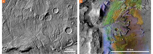 Figure 1. Geological evidence for the presence of liquid water on ancient Mars. (a) Valley networks on the oldest surfaces are thought to have been carved gradually by stable liquid water. (b) A river delta formed from debris deposited where water flowed into Jezero Crater. Colors represent compositional information derived from orbital spectroscopy that relates to water-bearing minerals. (Courtesy of NASA.) 