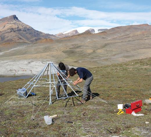  . Students install a dipole radio antenna at the McGill Arctic Research Station in the summer of 2019. The site is located 8 km inland at Expedition Fjord on the unpopulated Central Axel Heiberg Island of Nunavut (inset). The station consists of a small research hut, a cook house, and two temporary housing structures. 